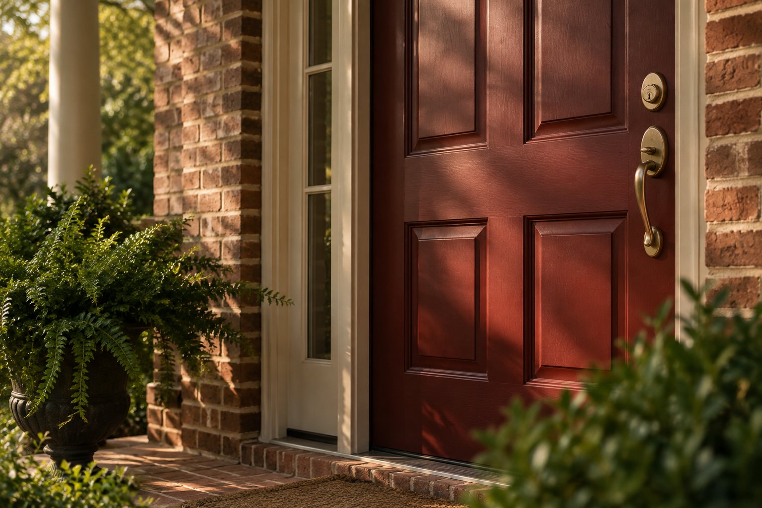 A deep red front door on a brick Central Arkansas home, illustrative