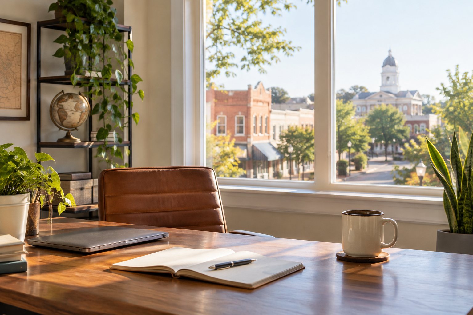 A bright brokerage workspace overlooking a small Arkansas downtown, illustrative