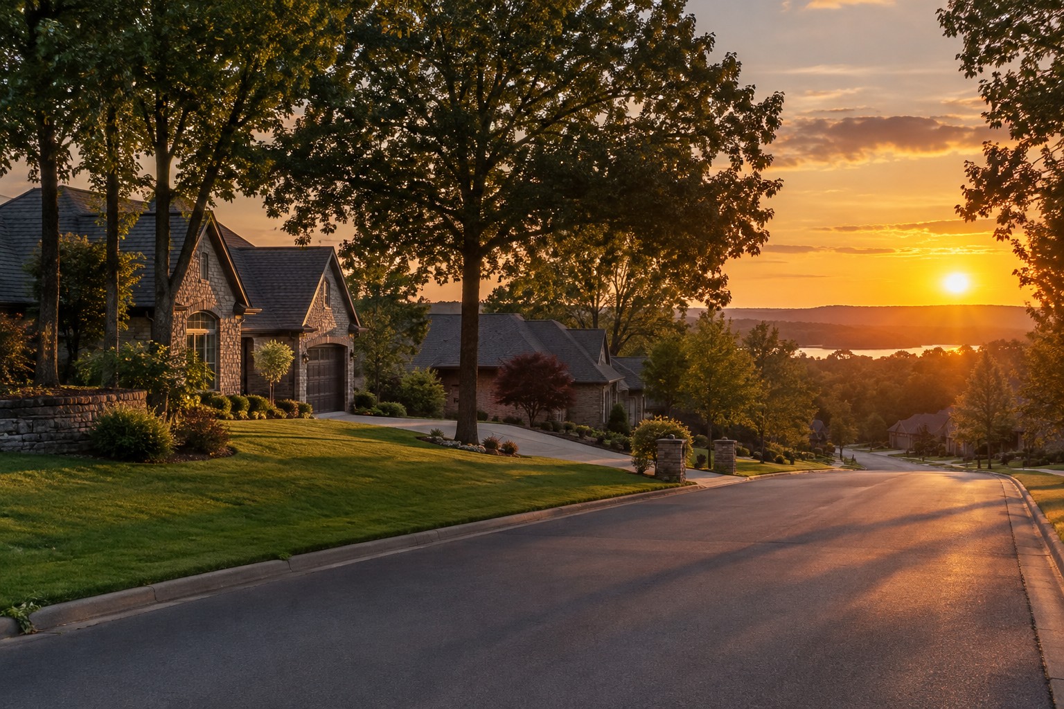 A Central Arkansas street at sunset, illustrative