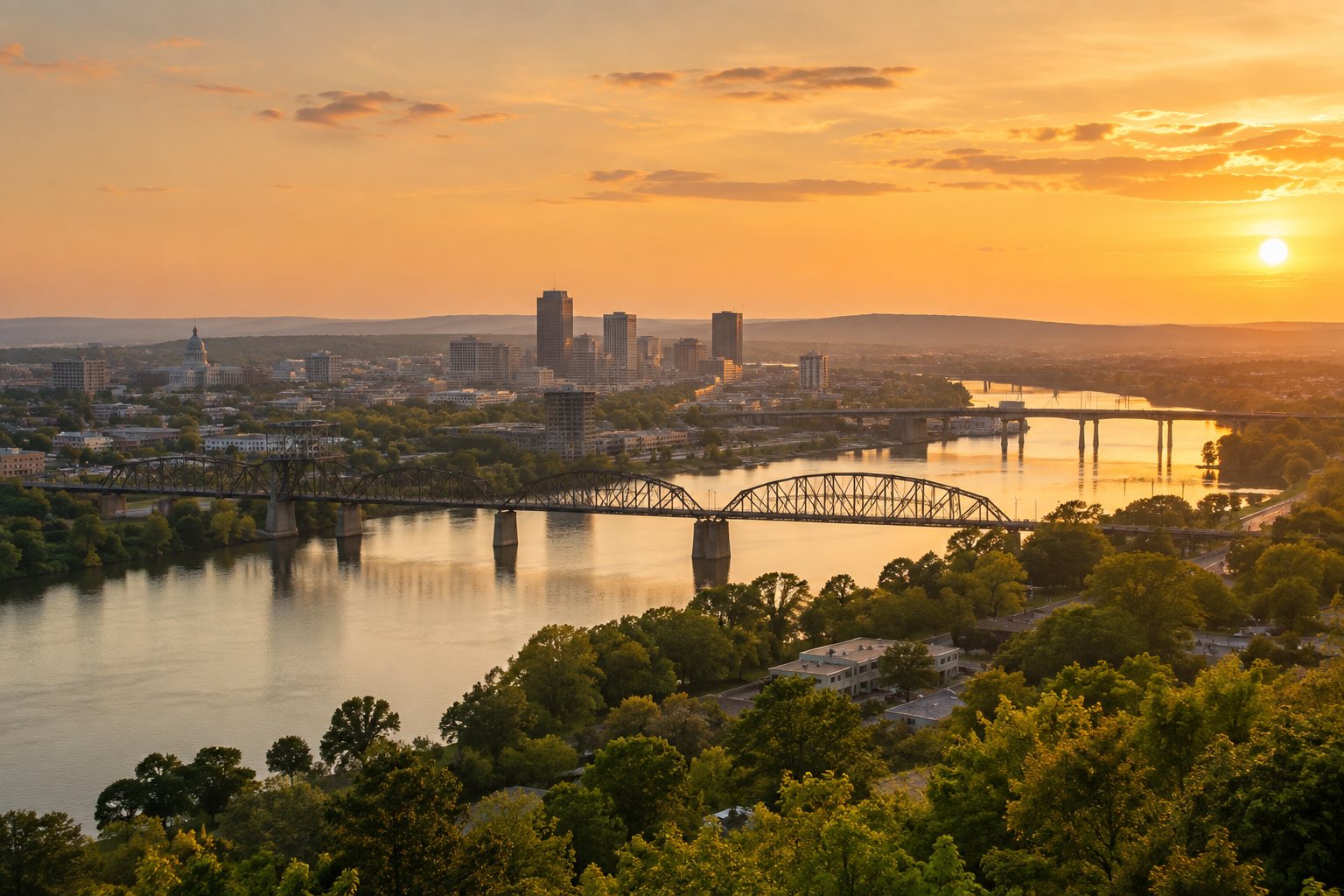 The Arkansas River valley near Little Rock at golden hour, illustrative